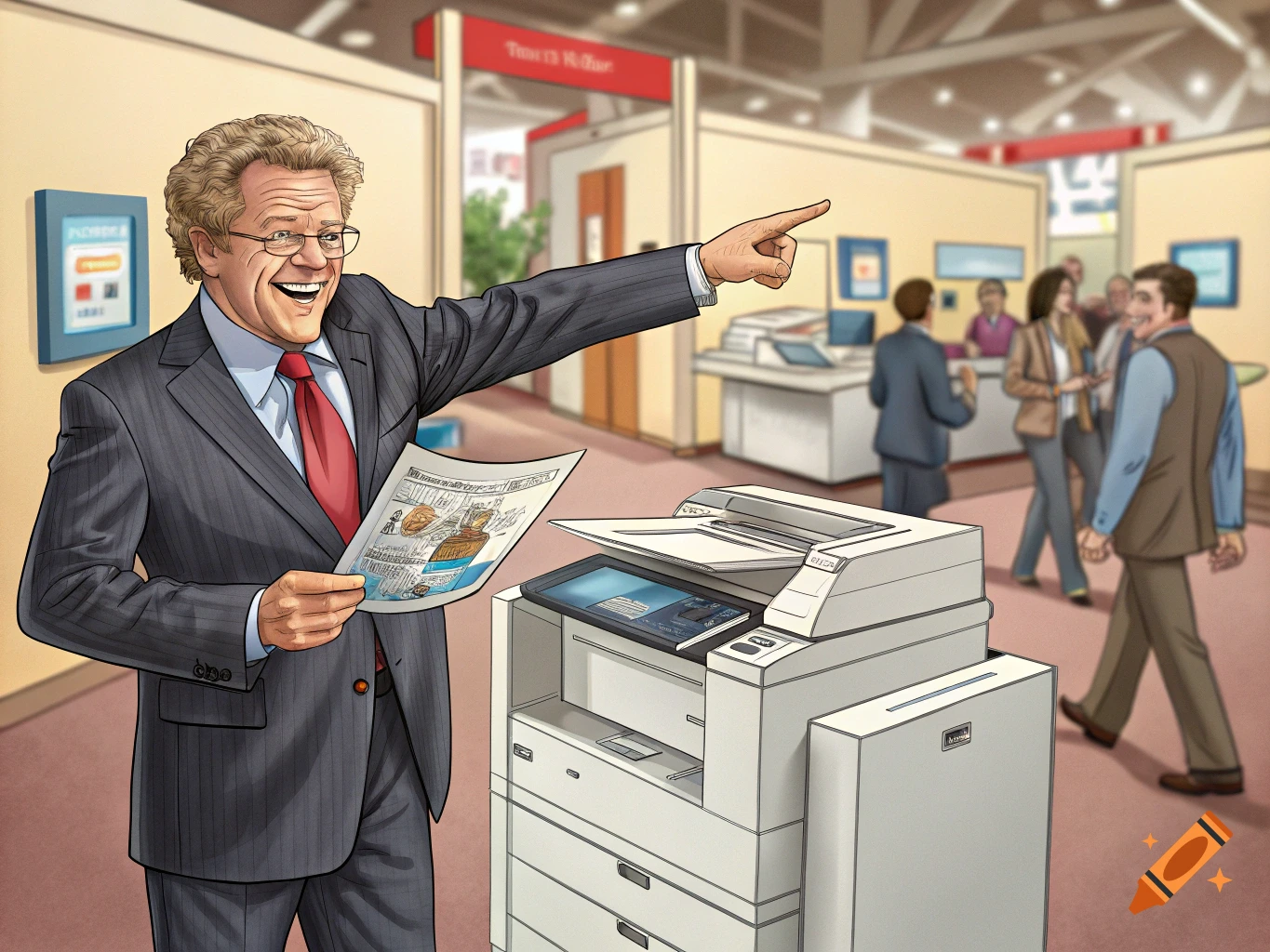 Illustration of a man in a suit pointing next to a copier in an office or trade show setting.