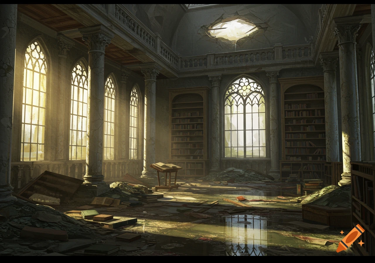 A ruined gothic library interior with tall arched windows, scattered books, debris, and pools of water.