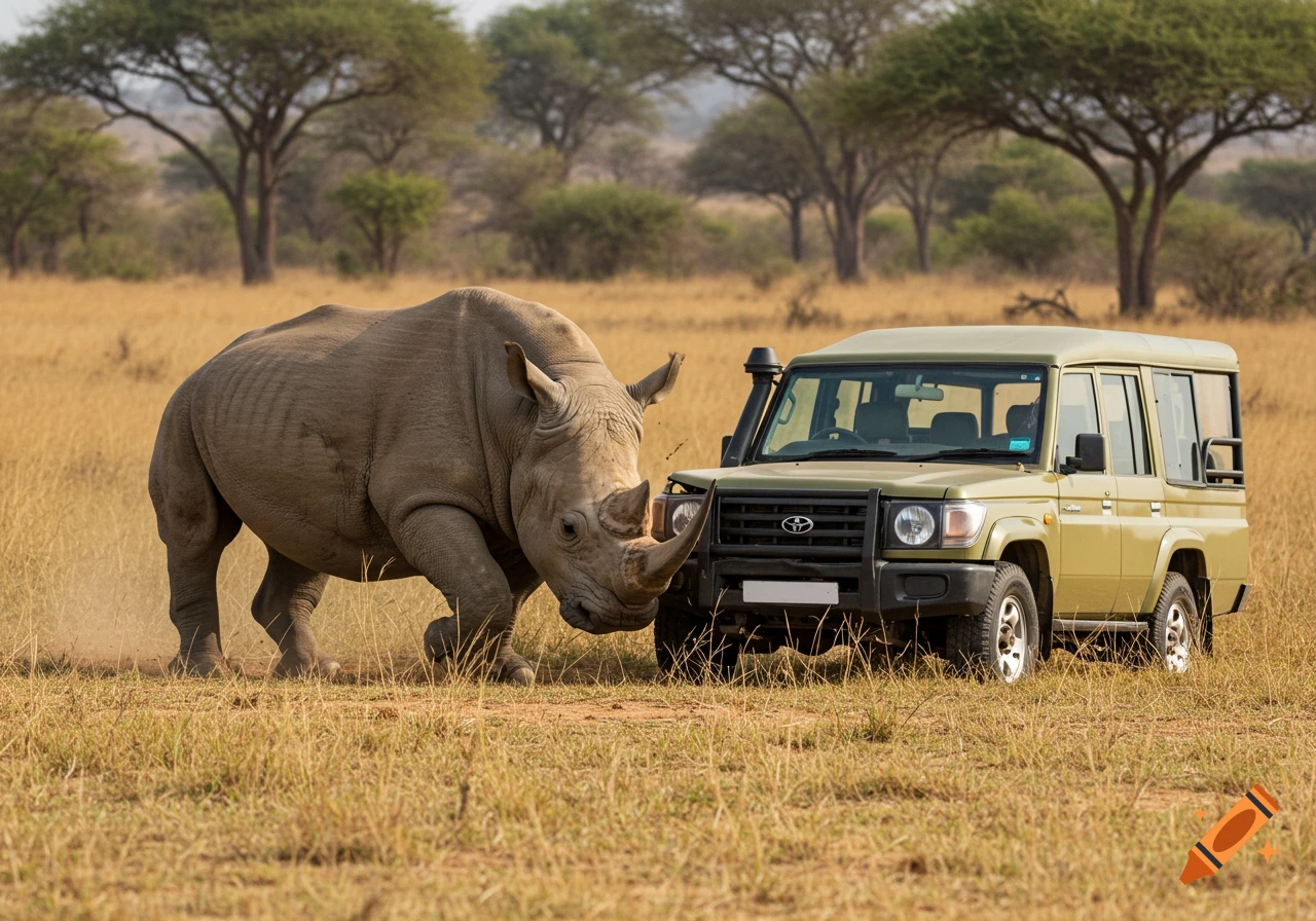 A rhino stands close to a safari jeep in a grassy field.