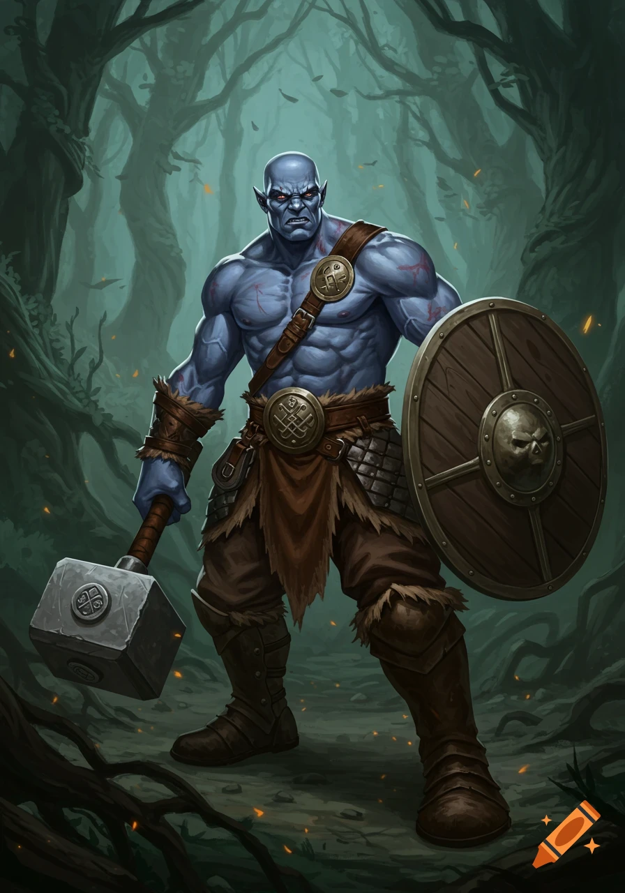 Bald blue-skinned Goliath barbarian in a forest, holding a warhammer and shield