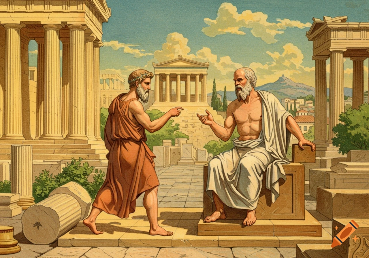 Illustration of two ancient Greek philosophers, likely Socrates and Plato, talking amidst temple ruins.