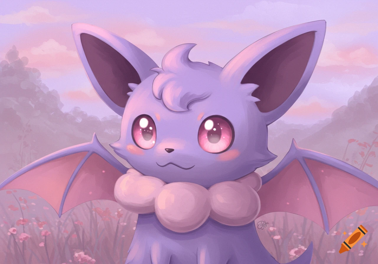 A pastel purple bat creature with large ears and wings sits in a field of flowers at sunset in a digital painting style.