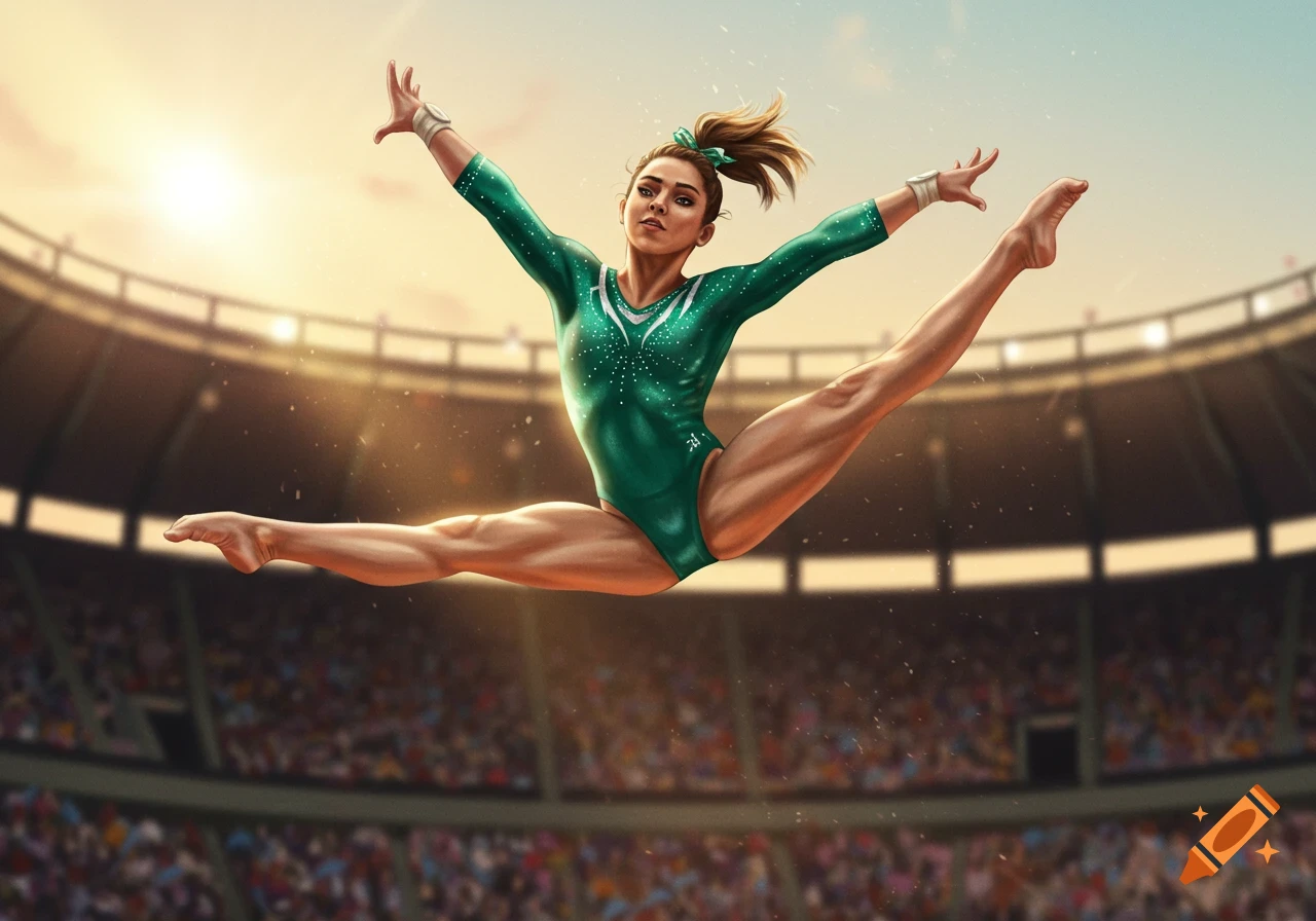 A female gymnast performs a split jump in a stadium during a competition, rendered in a realistic illustration style.