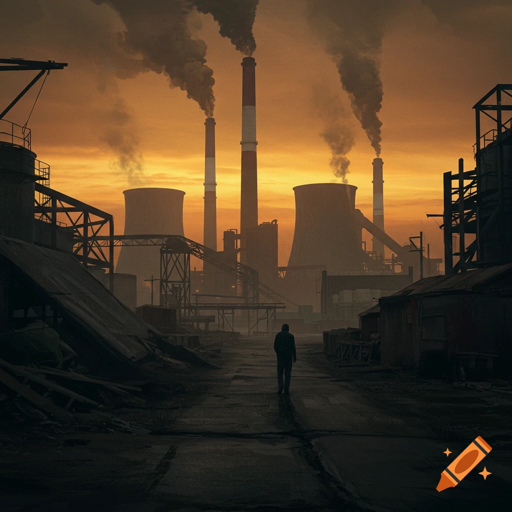 A lone figure walks down a path through a large industrial complex with smokestacks billowing smoke into an orange, hazy sky.