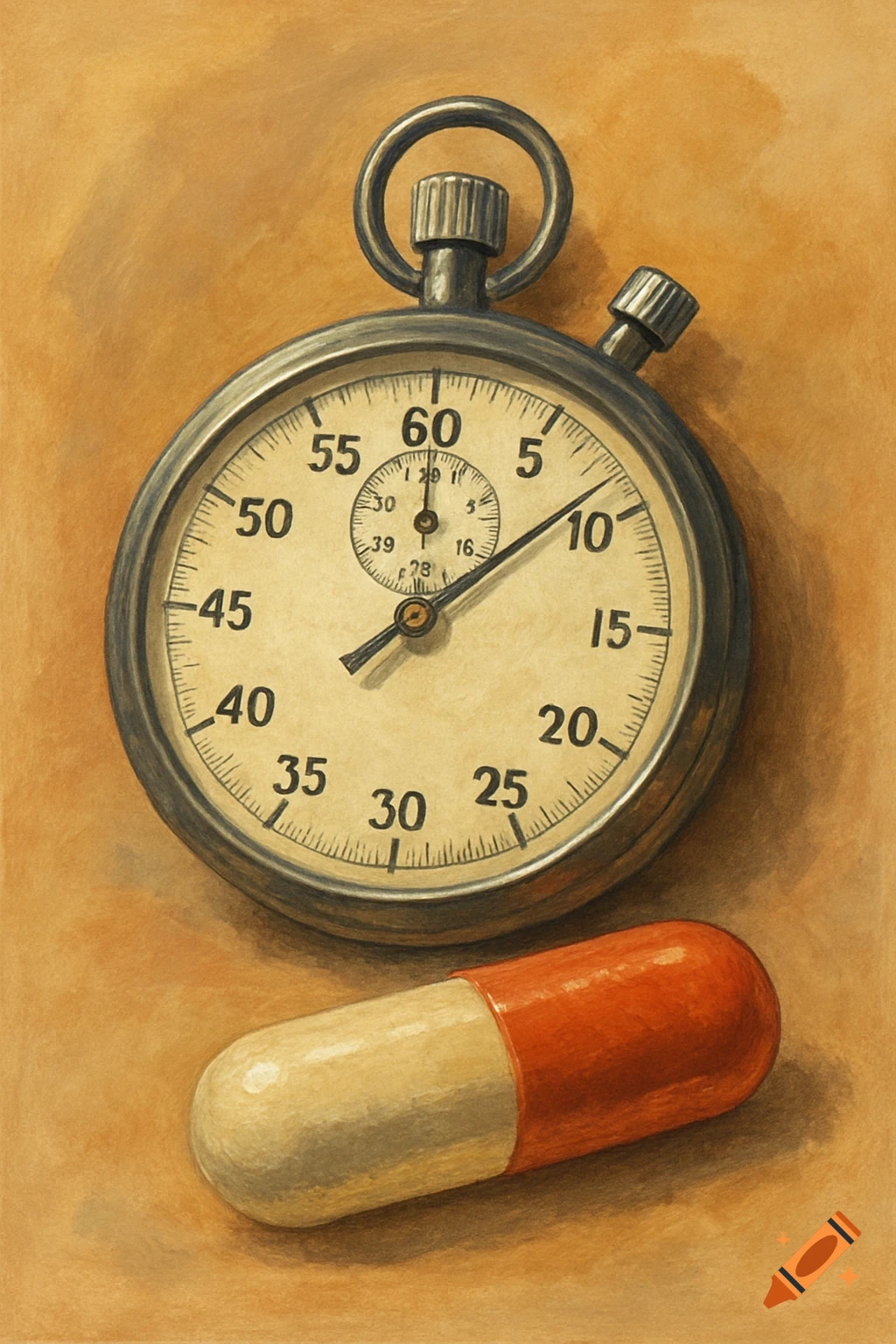 A stopwatch sits next to a red and white pill.