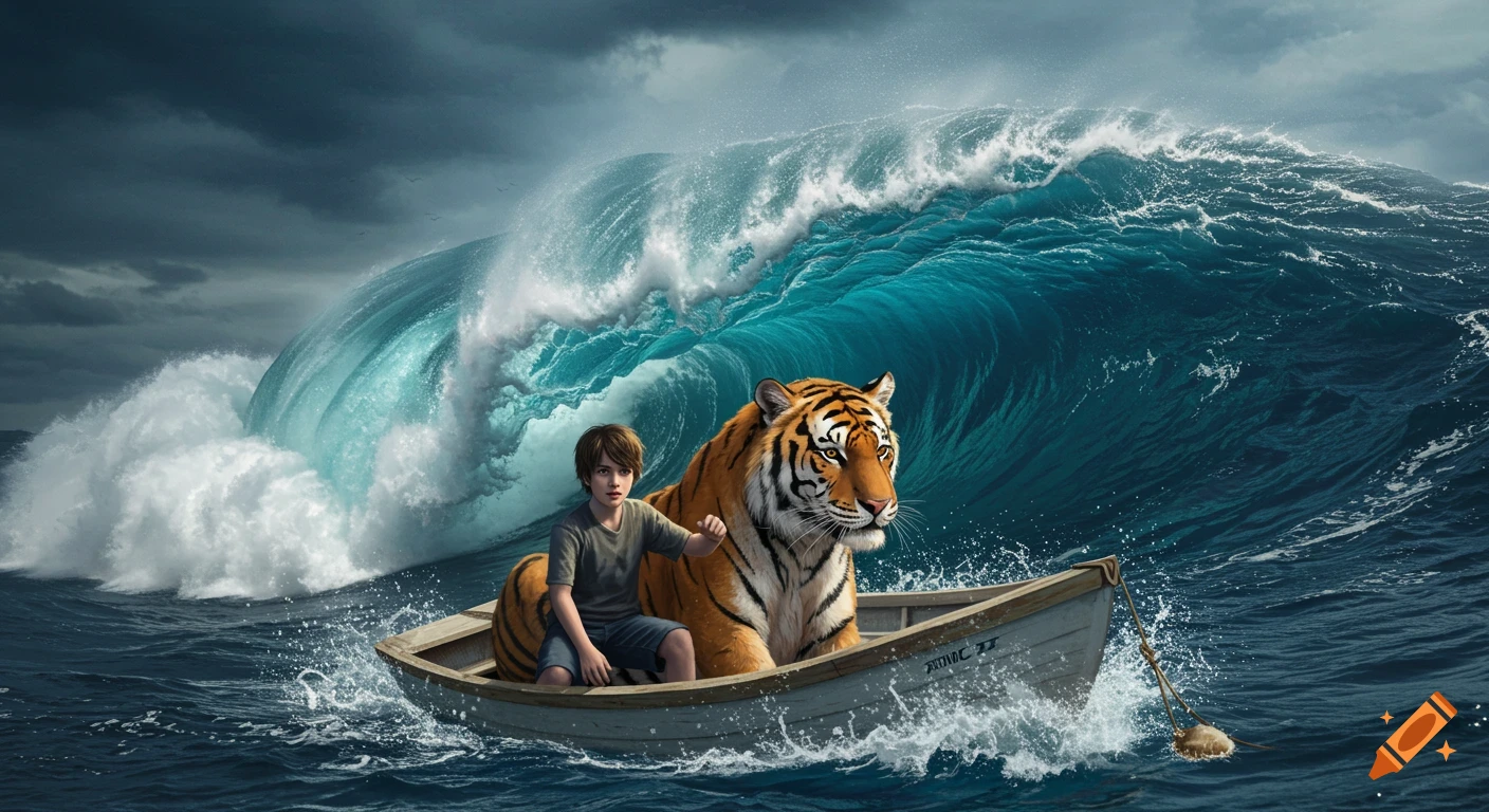 Teenage boy and tiger in a lifeboat on a stormy sea with a large wave