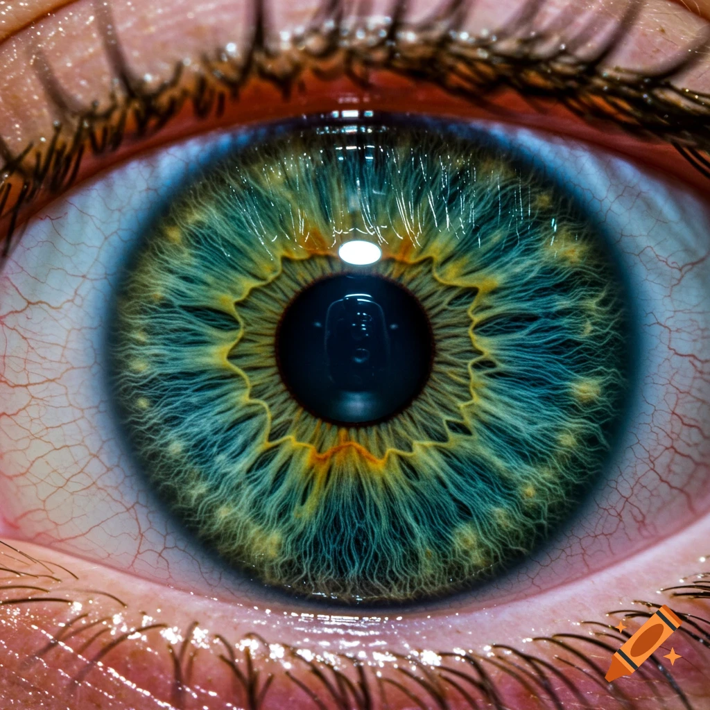 Close-up macro photo of a human eye with a green and blue iris.
