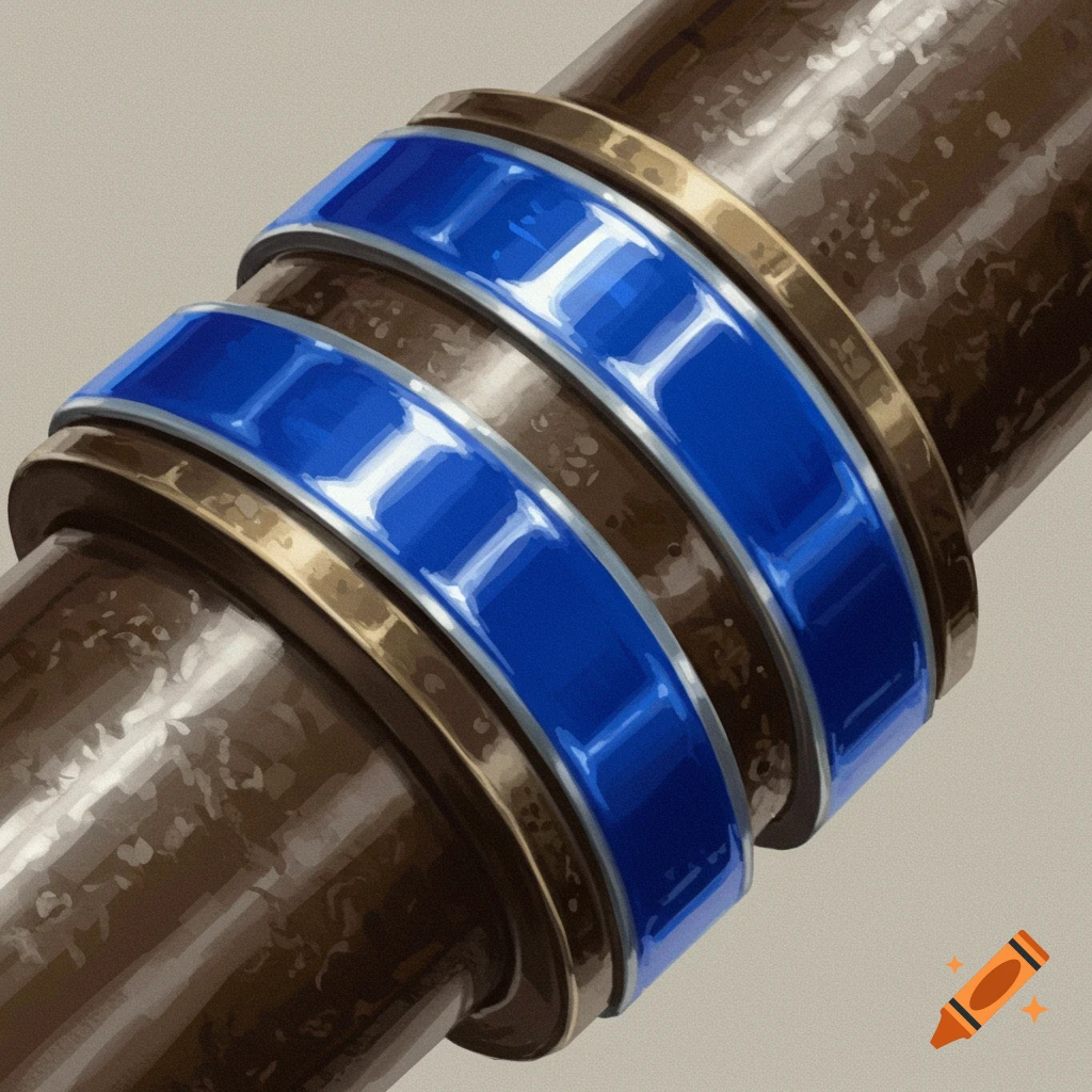 A brown pipe with two shiny blue bands.