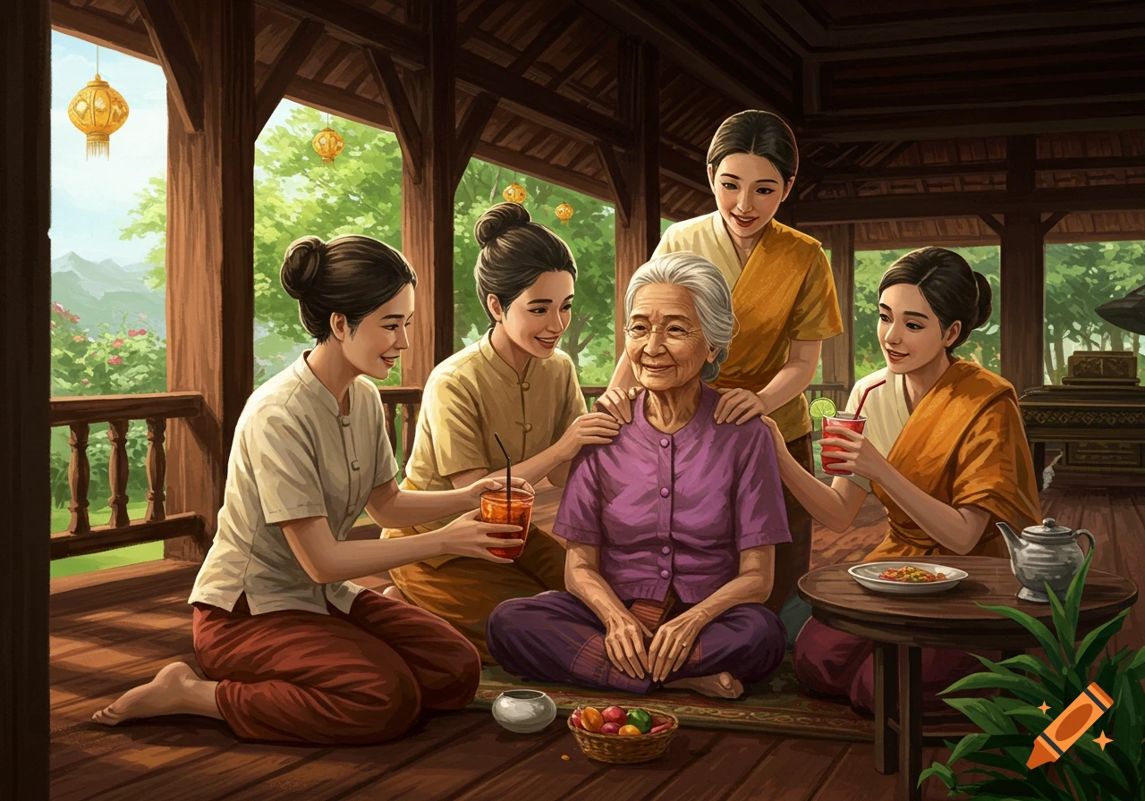 An elderly woman surrounded by younger women on a traditional Thai-style porch.