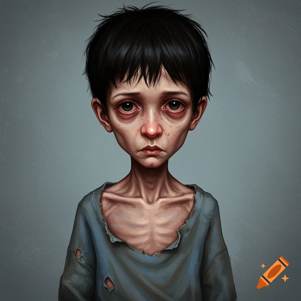 A gaunt boy with dark eyes and torn clothing, depicting malnutrition.