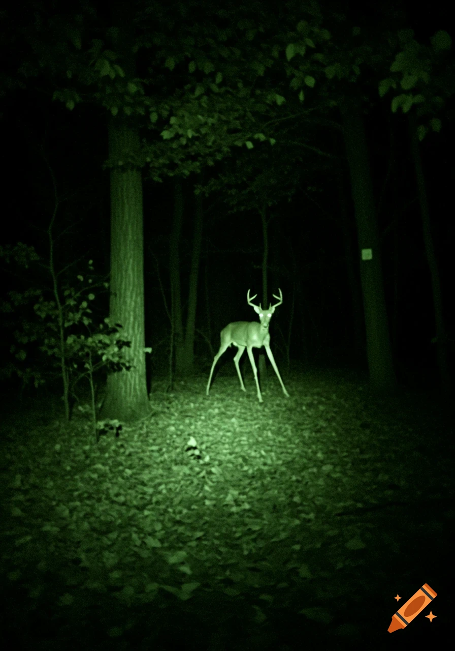 A five-legged deer-like creature stands in a dark forest, illuminated by green night vision light.