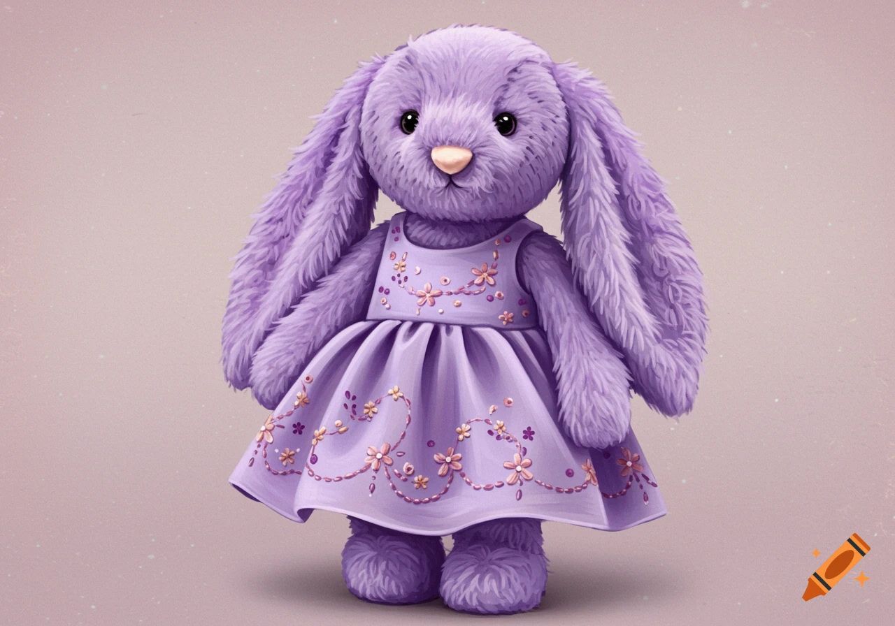 A purple plush bunny wearing a purple dress with floral embroidery.
