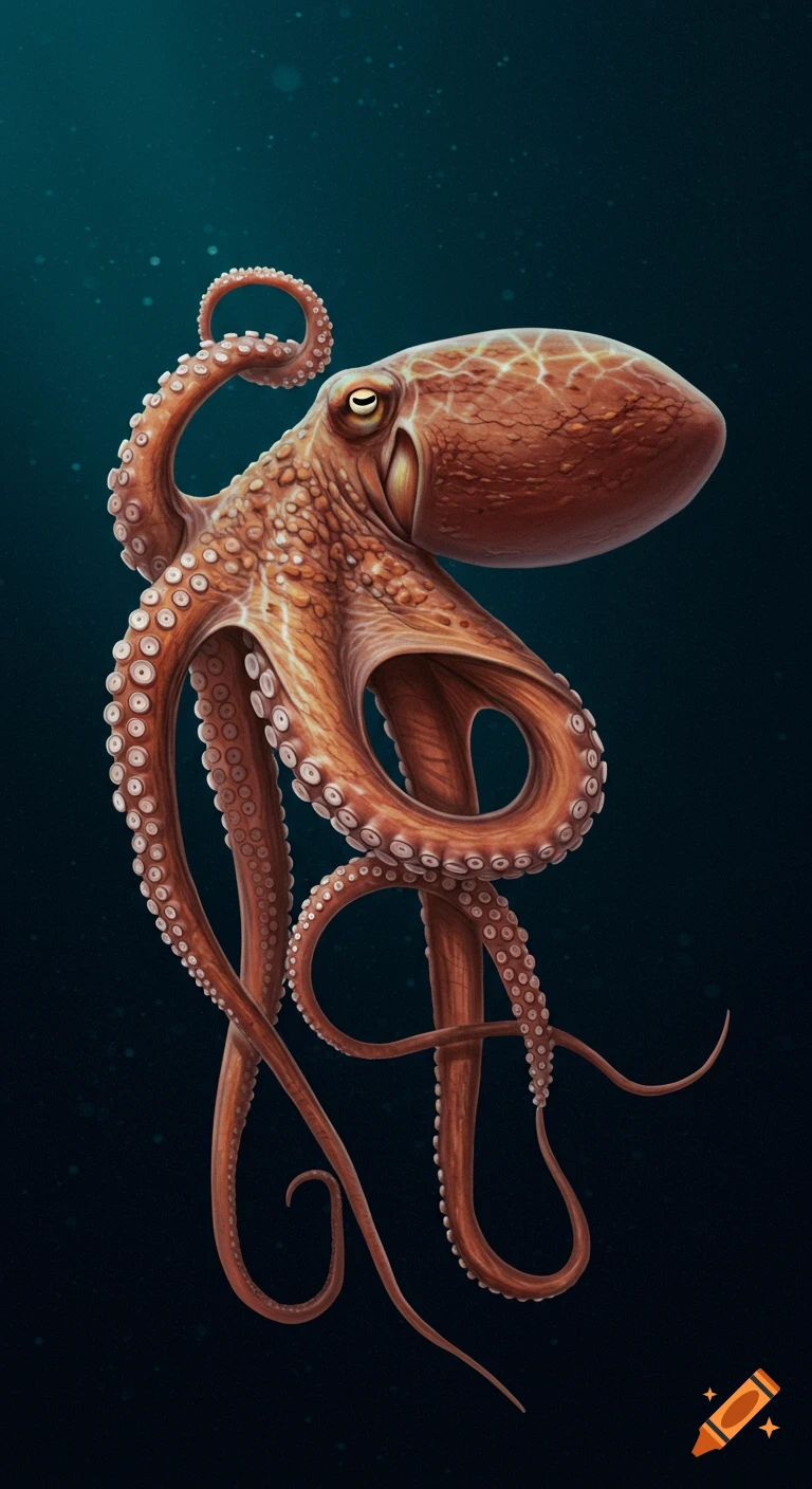 A detailed depiction of an octopus.