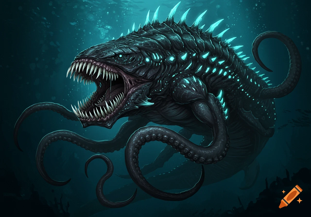 Scary deep-sea creature with sharp teeth and tentacles.