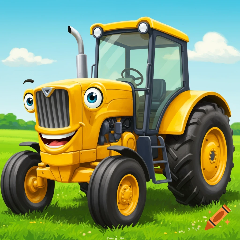 A cartoon yellow tractor with eyes and a smiling mouth stands in a green field.