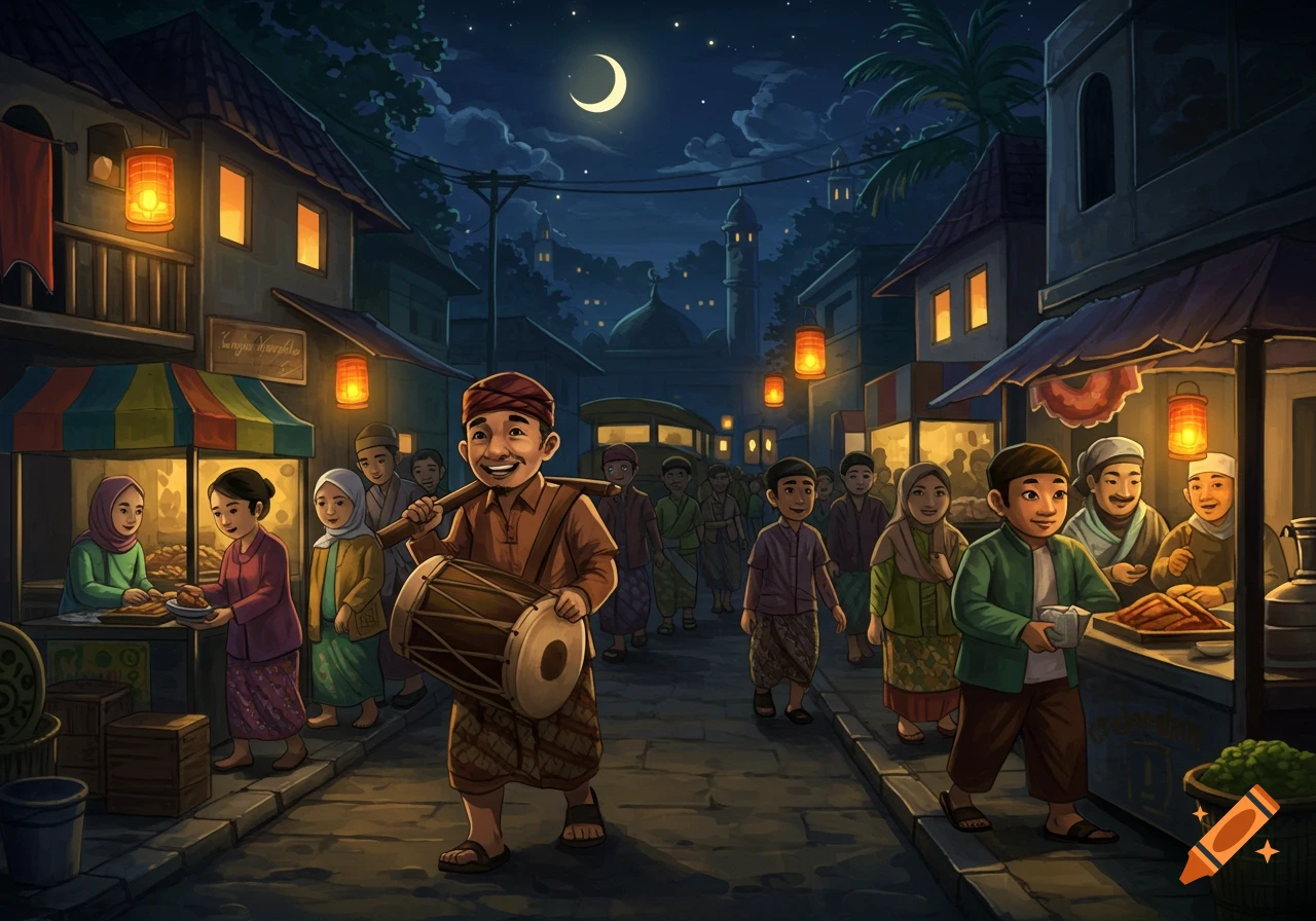 People in a street at night, one holding a drum, celebrating Sahur with lanterns and a mosque.
