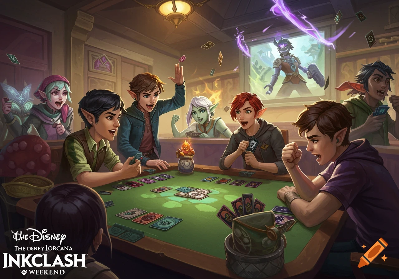 Fantasy characters playing The Disney Lorcana card game around a table.
