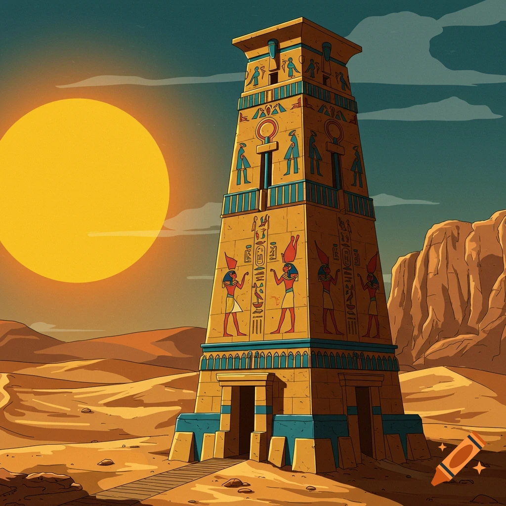 An Ancient Egyptian-style tower covered in symbols, standing in a desert landscape.