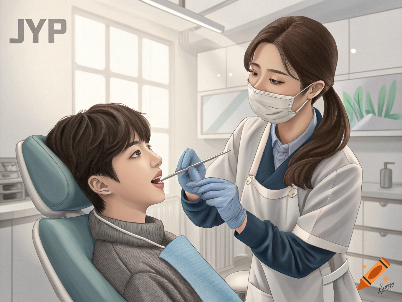 Illustration of a dentist examining a patient in a clinic.