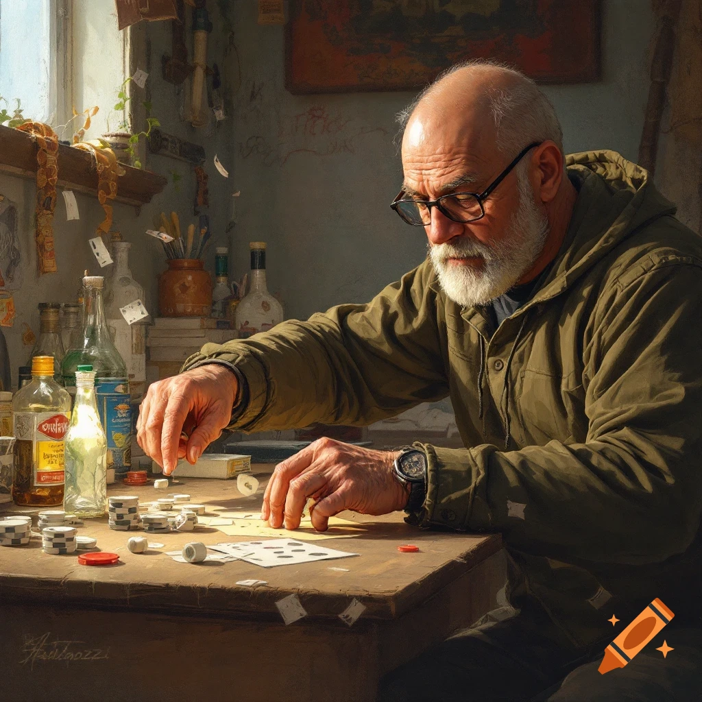 An older man with a beard and glasses plays a game with chips and cards at a table in a room with bottles.
