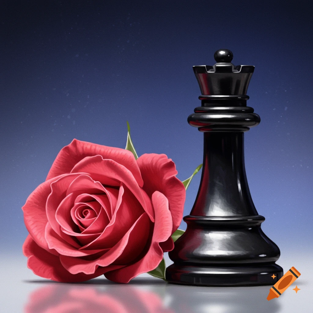A red rose is next to a black chess queen on a reflective surface.