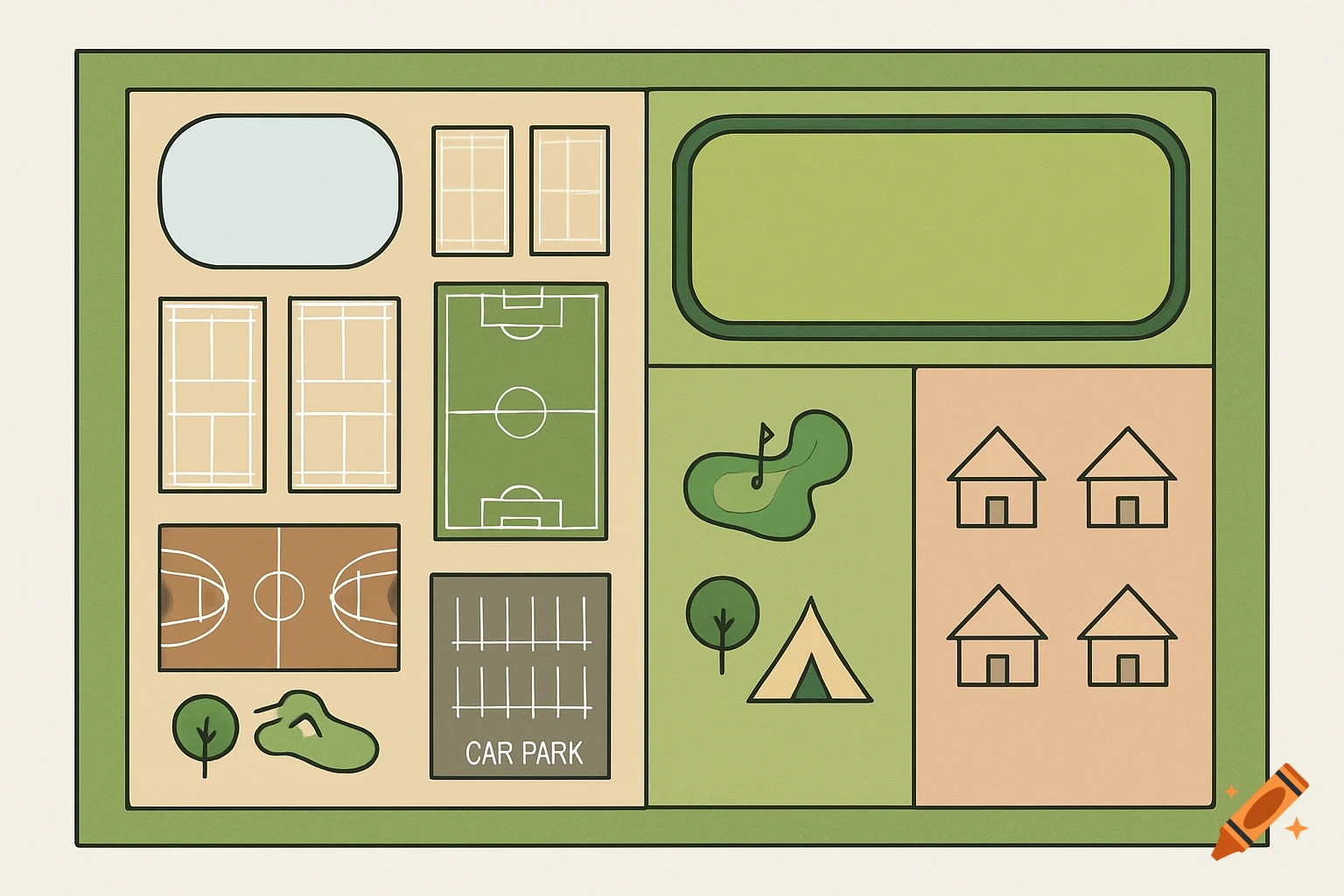 A simple 2D diagram shows the layout of a park with various sports fields, a cycling route, campsite, mini golf, car park, and houses.