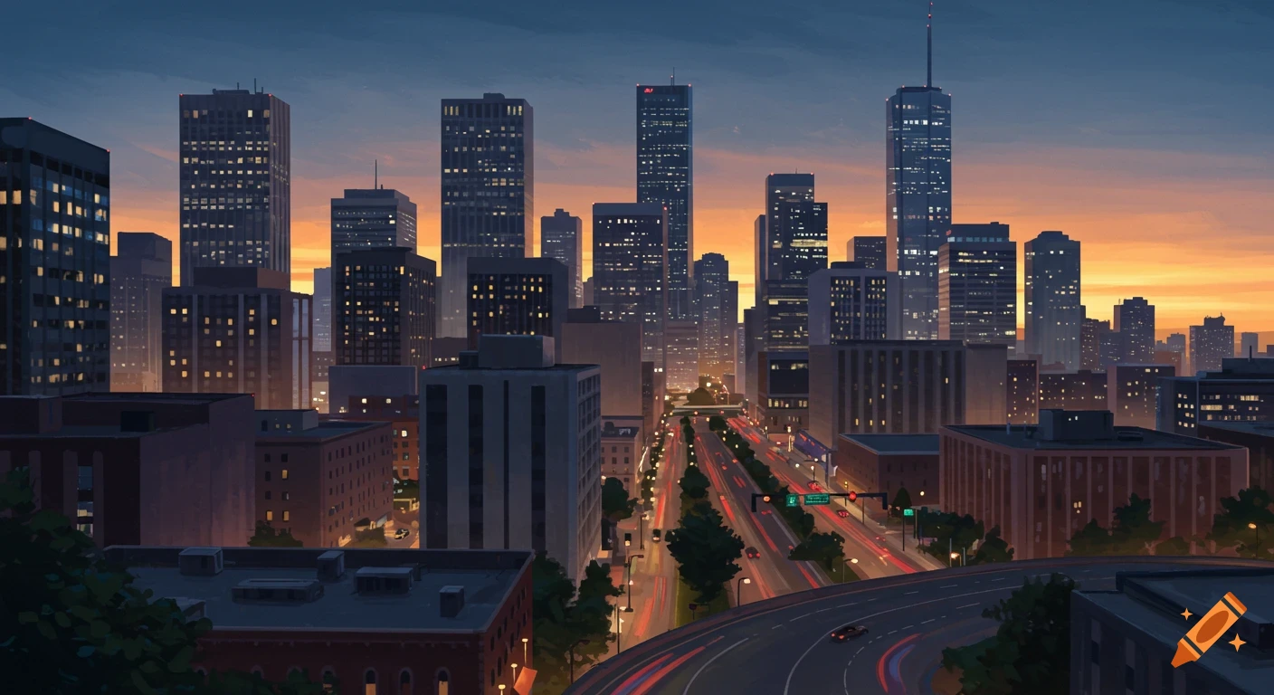 Stylized city skyline at dusk with highway traffic in the foreground