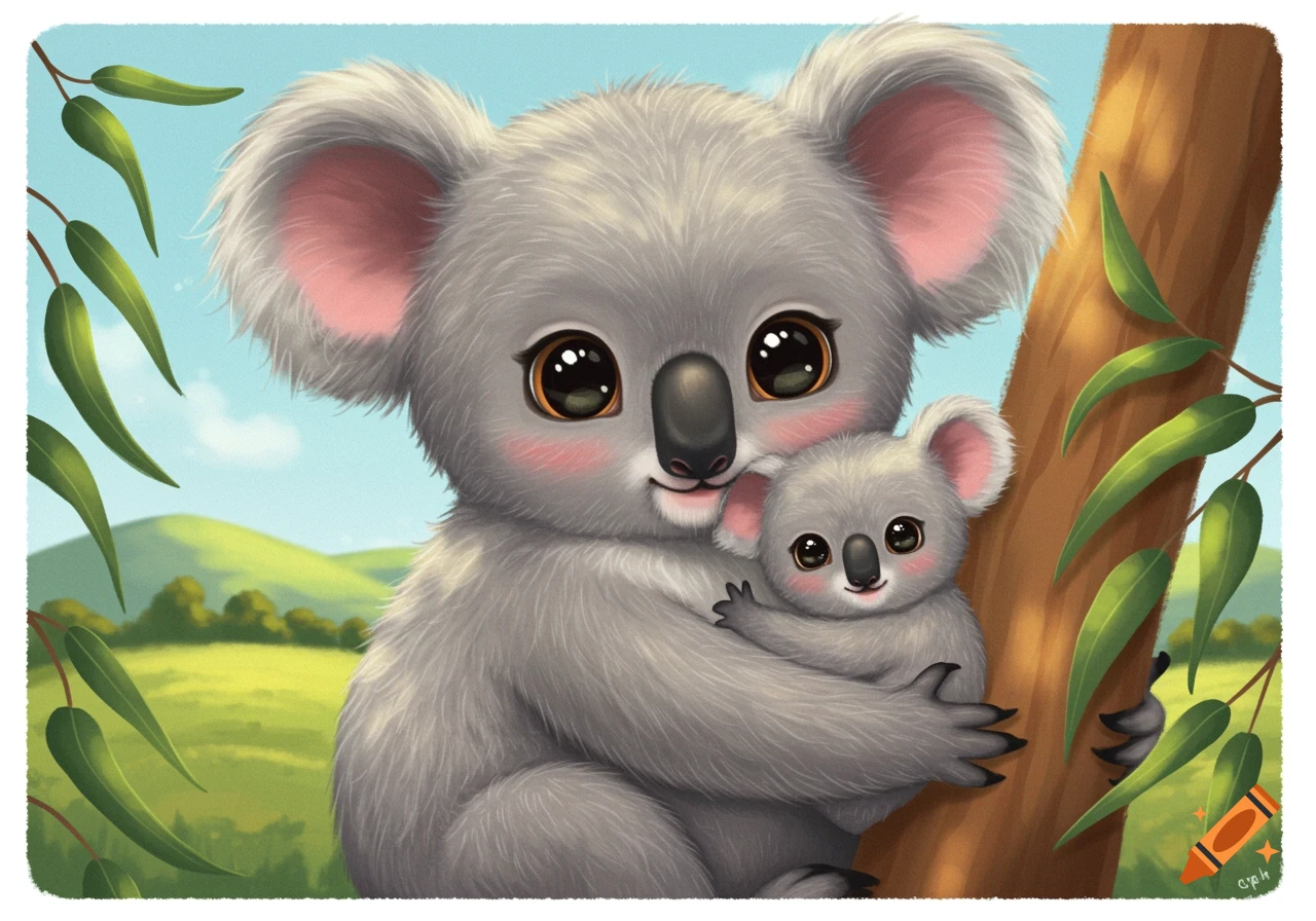 Cute illustration of a mother koala hugging her baby on a tree branch.