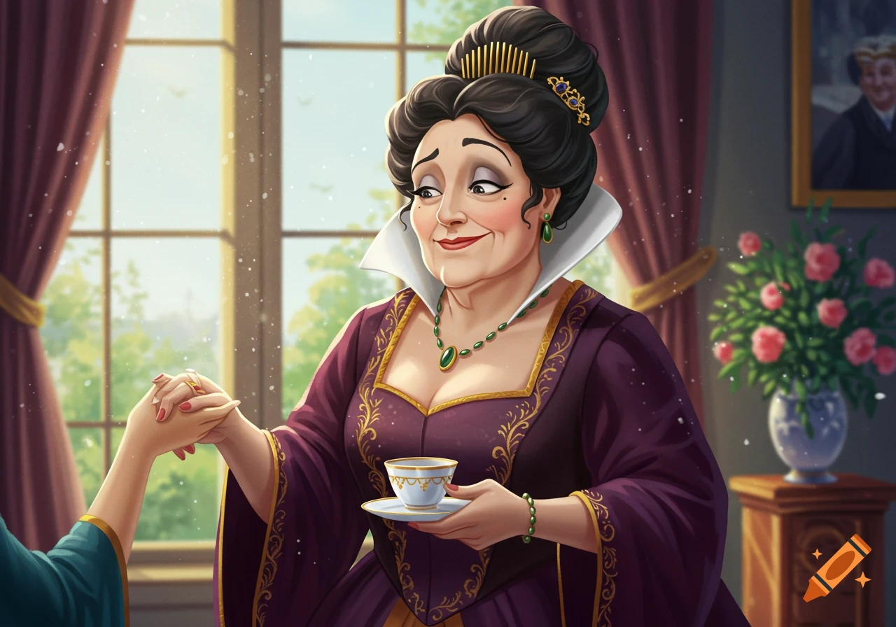 Digital painting of Cinderella's stepmother holding hands and a teacup indoors.