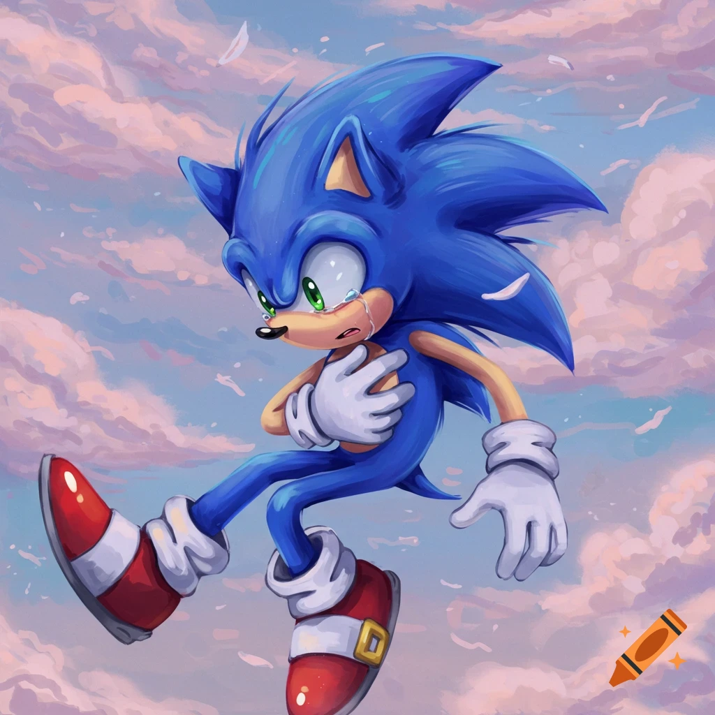 Sonic the Hedgehog falling through cloudy sky, looking sad with tears in his eyes, illustration.