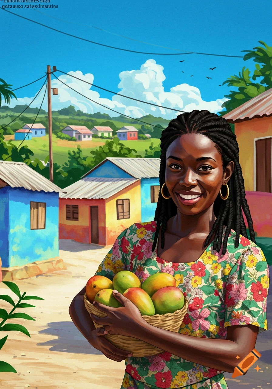 A woman holding a basket of mangoes in a colorful village.