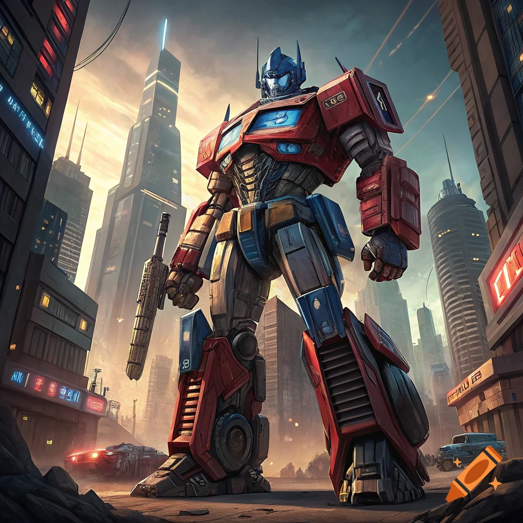 Optimus Prime standing in a city street with skyscrapers