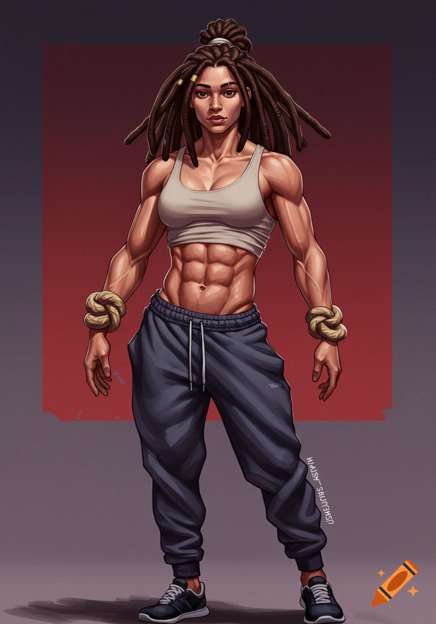 A muscular woman with dreadlocks wears a tank top and sweatpants.