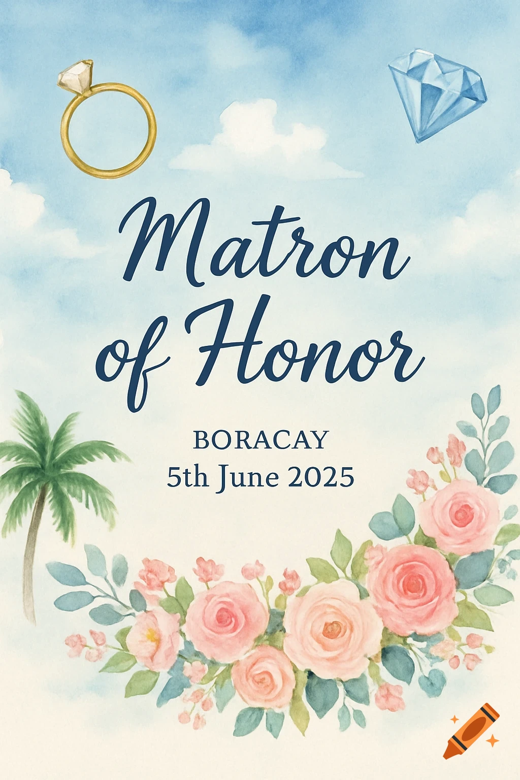 Watercolor illustration for 'Matron of Honor' invitation with ring, diamond, palm tree, and pink flowers on a sky background.
