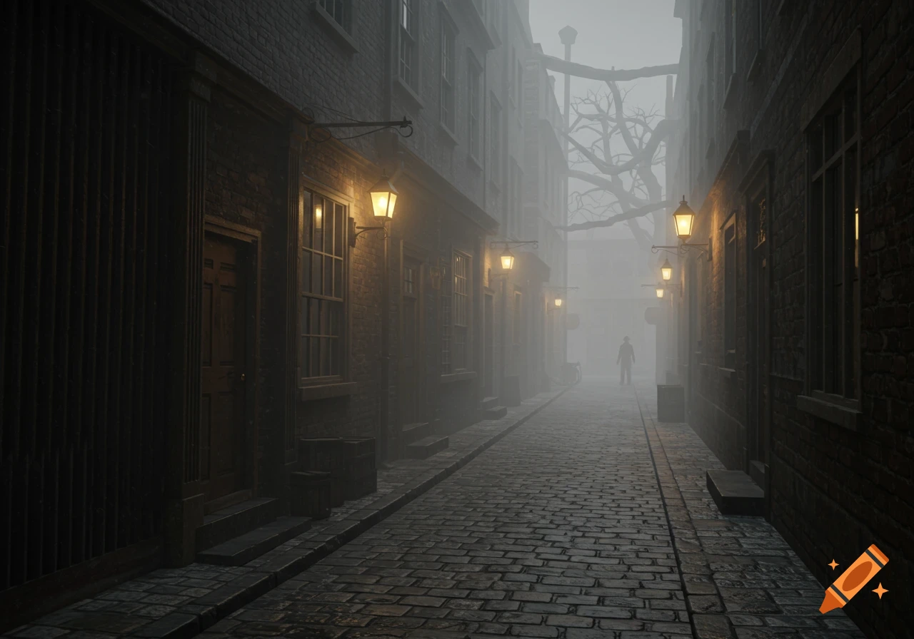 A foggy, gaslit cobblestone street lined with old brick buildings, with a solitary figure in the distance.