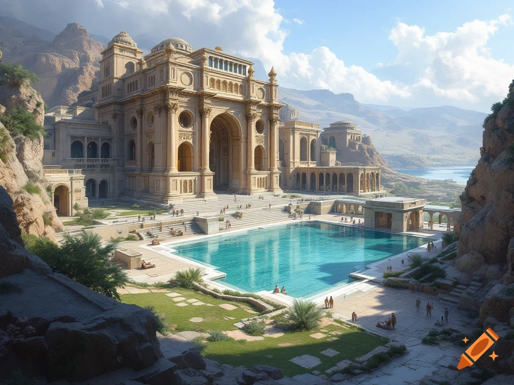 Grand ancient building with large pool in a mountainous landscape.