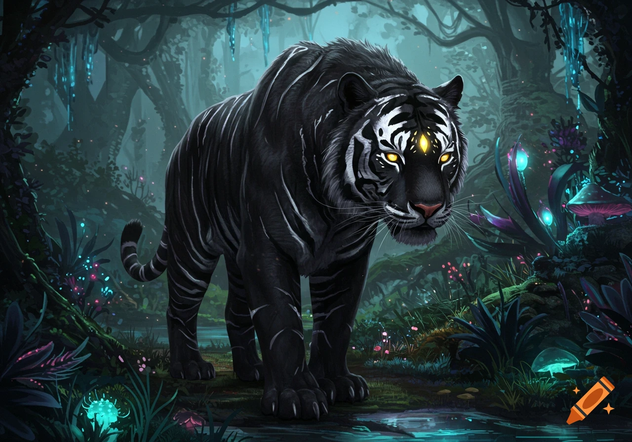 A black tiger with white stripes and glowing eyes stands in a dark, magical fantasy forest.