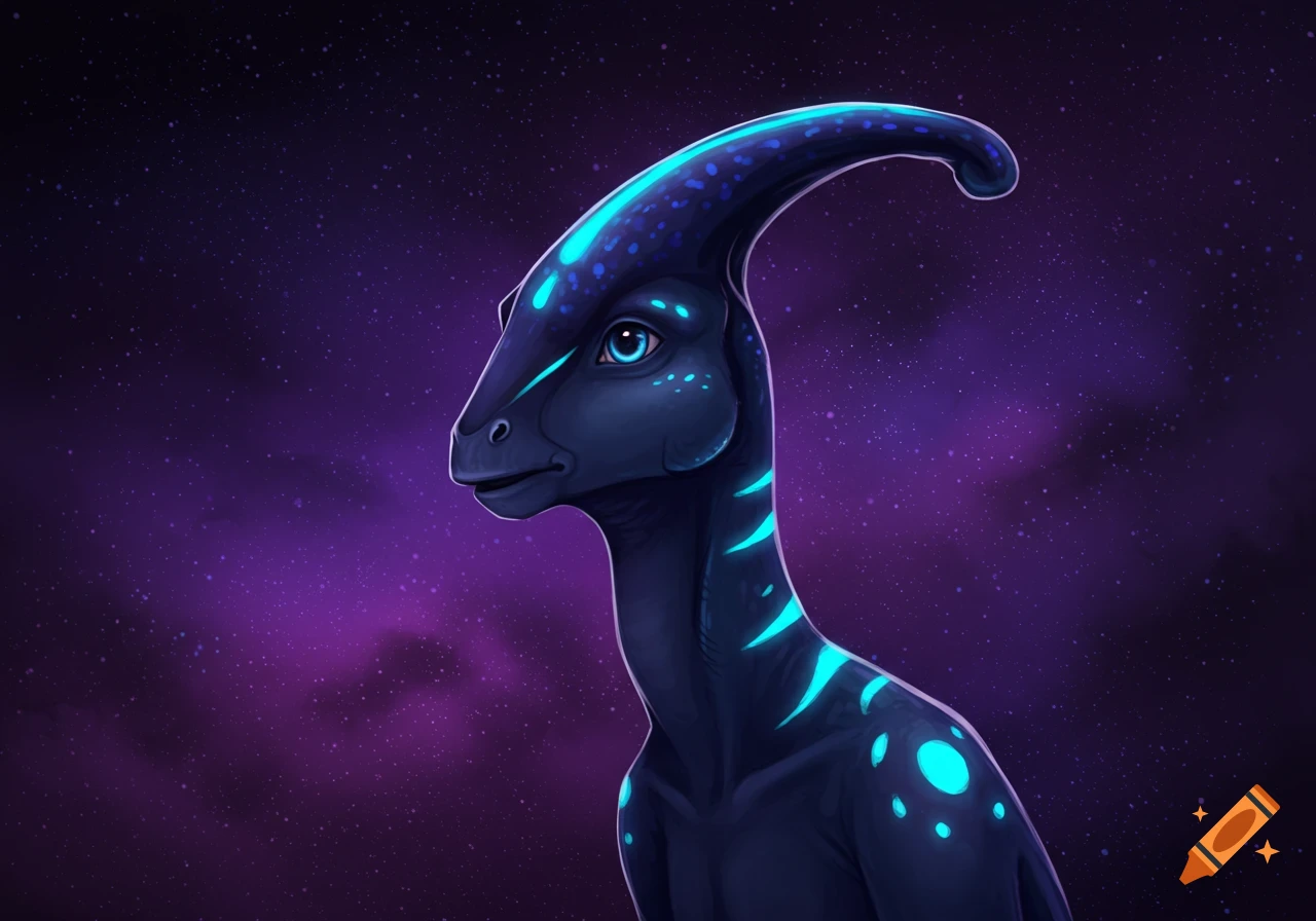 a dark blue Parasaurolophus with glowing blue markings against a purple starry sky.