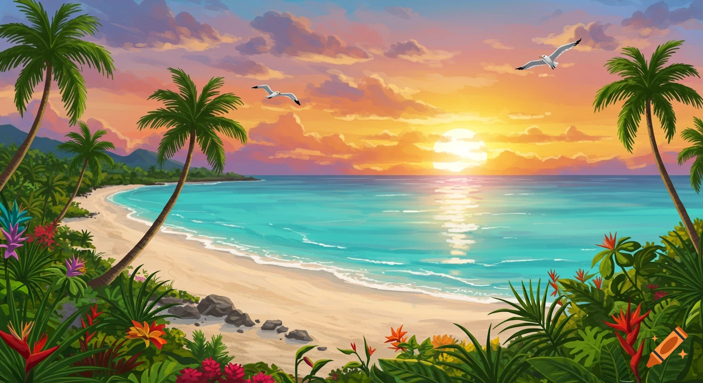 A tropical beach at sunset with palm trees, lush foliage, and birds flying.