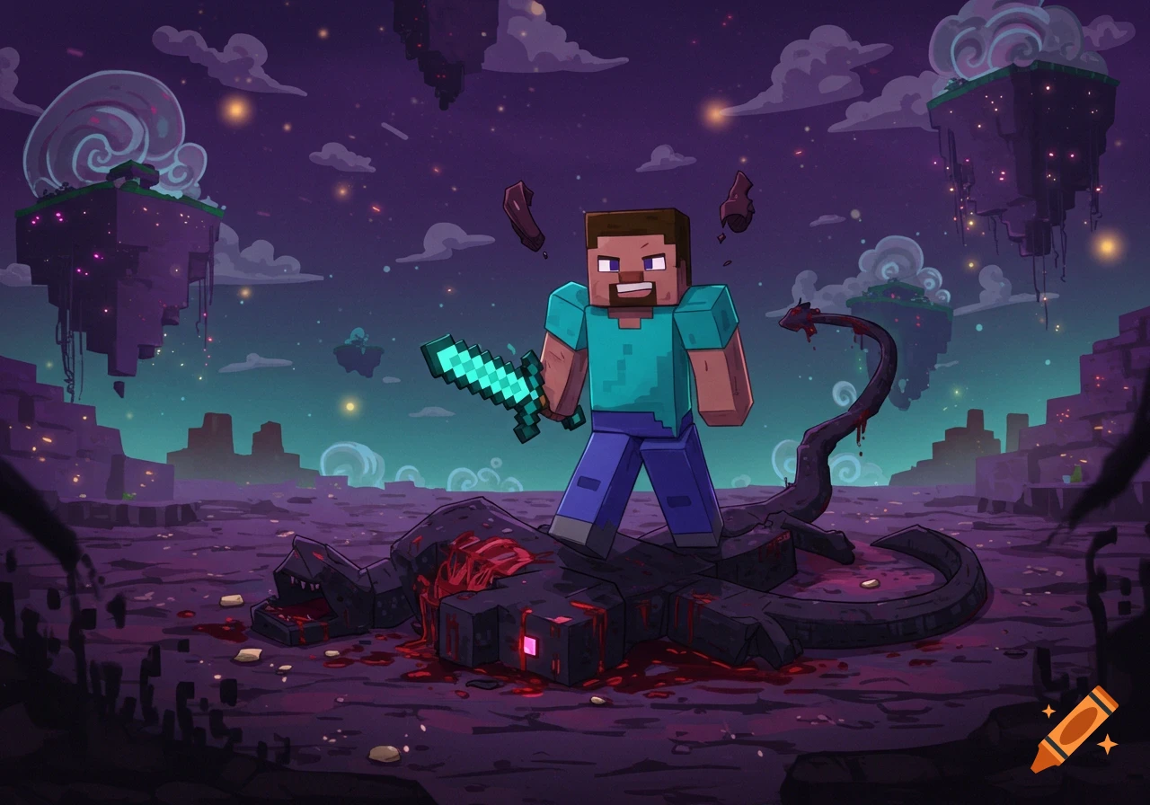 A blocky character resembling Minecraft's Steve stands victorious over a defeated black dragon, in a fantasy landscape with floating islands, drawn in an anime style.