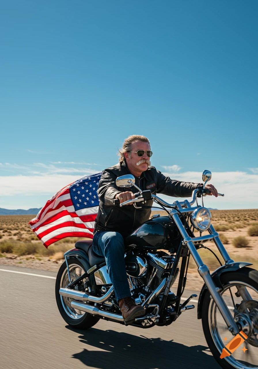 A man rides a motorcycle through a desert landscape with an American flag streaming behind him.