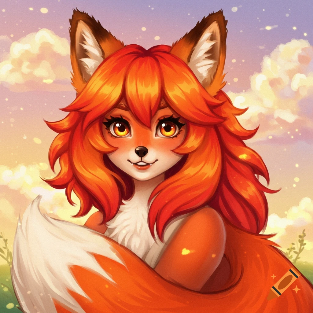 A cute anthropomorphic fox girl with orange hair and a white tail, against a sky with clouds.