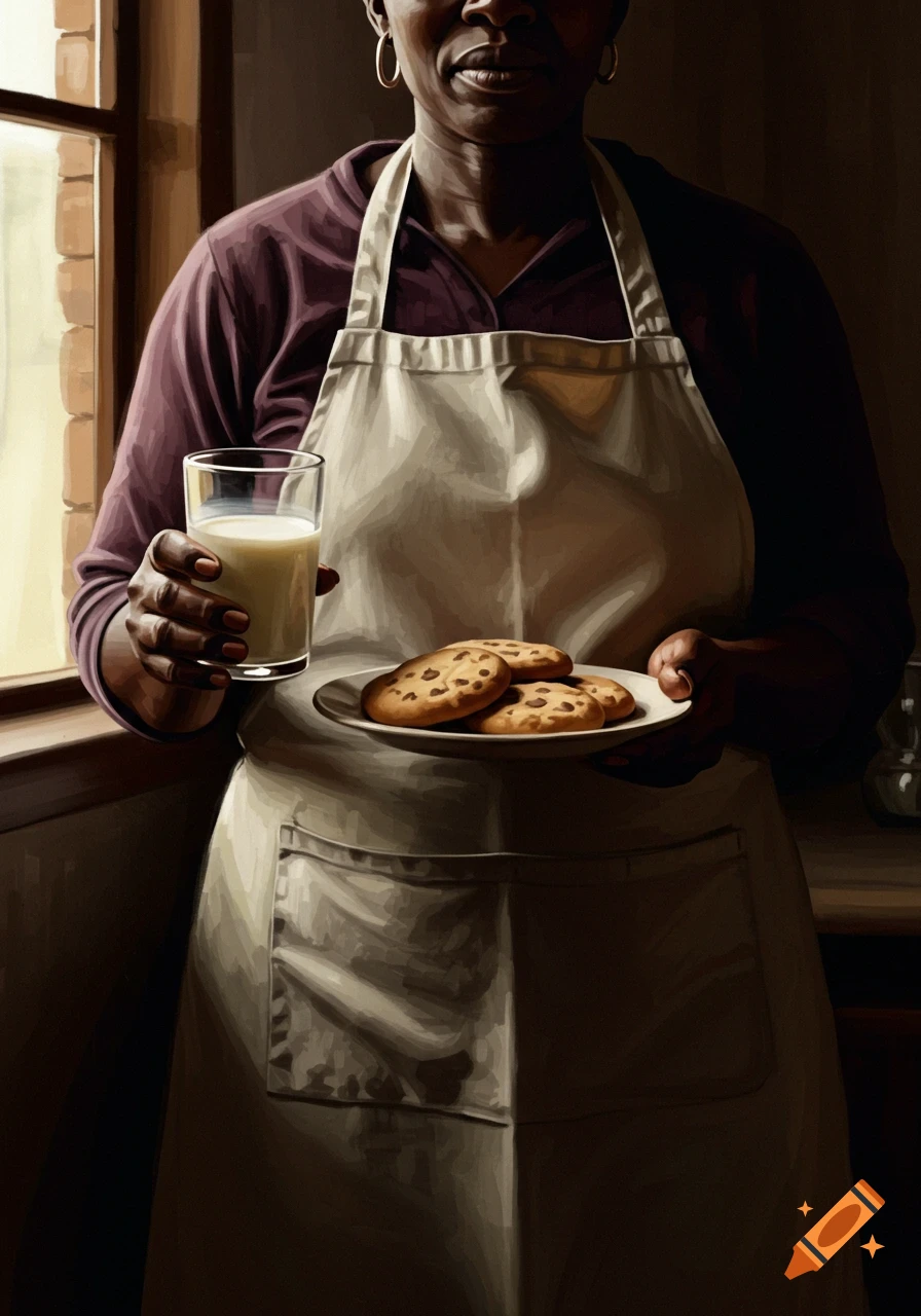 Person holding milk and cookies, in Rembrandt style with strong shadows.