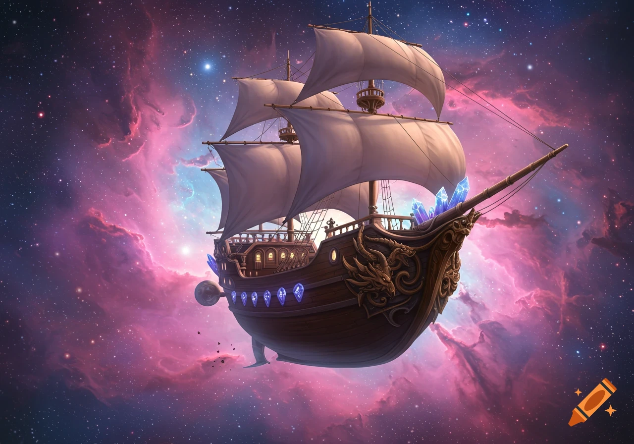A fantasy sailing ship adorned with crystals flies through a vibrant pink and purple space nebula.
