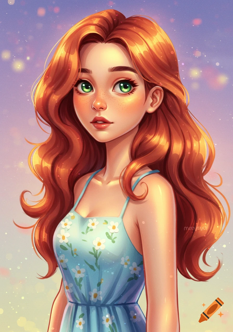 Stylized illustration of a girl with red hair and green eyes wearing a blue floral dress.