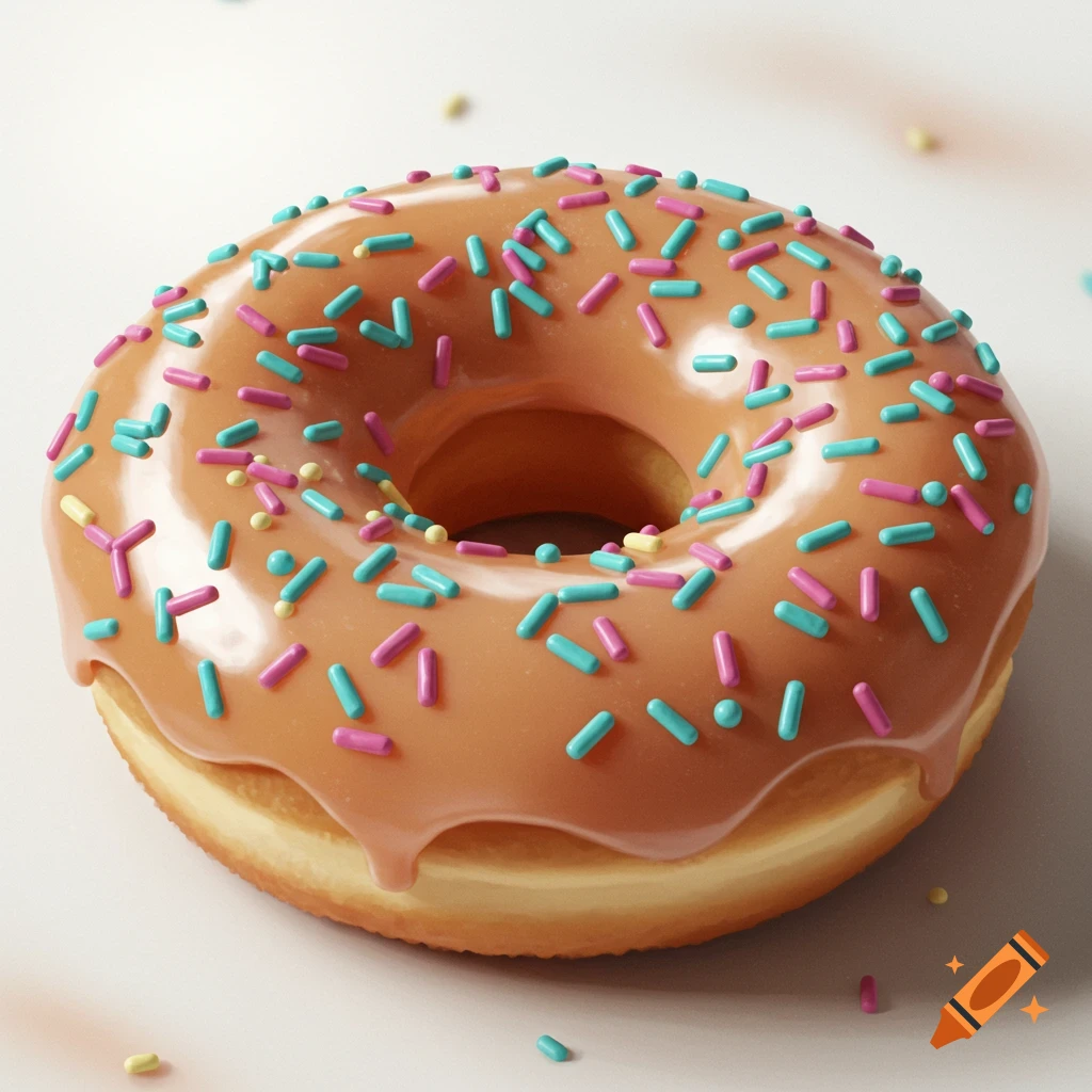 A donut with orange glaze and cyan, pink, and yellow sprinkles