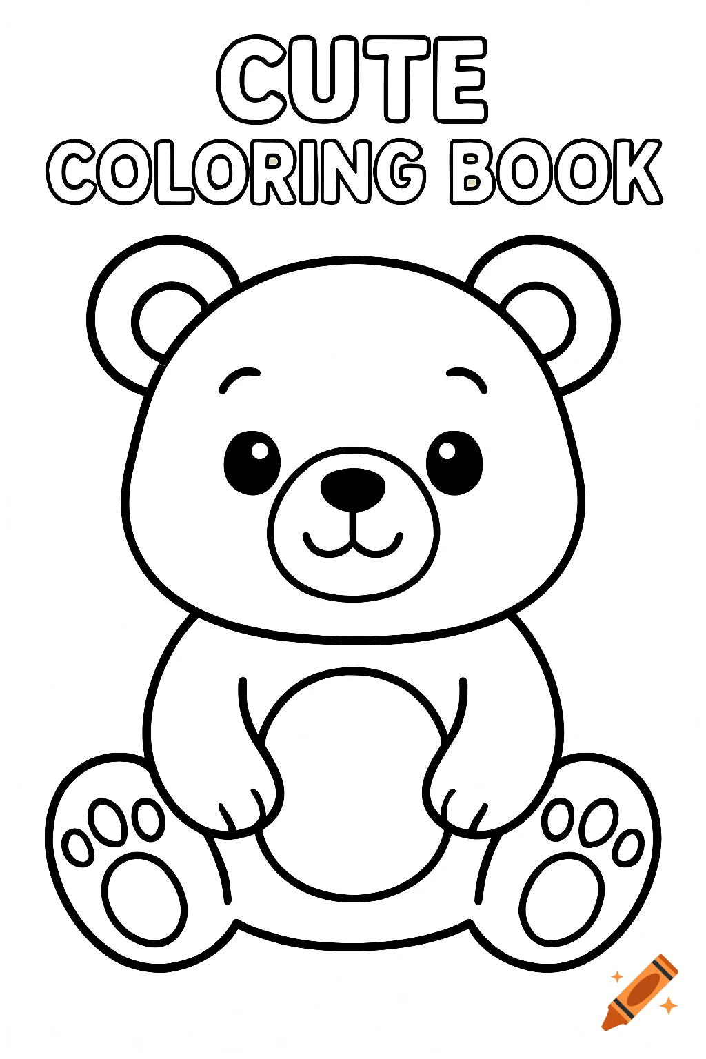 A line drawing of a cute cartoon bear sitting with the words CUTE COLORING BOOK above it.