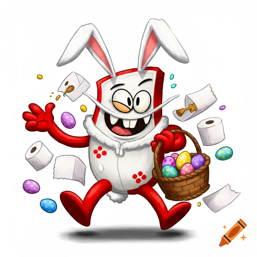 Cartoon character in bunny ears holding Easter eggs and toilet paper, running.
