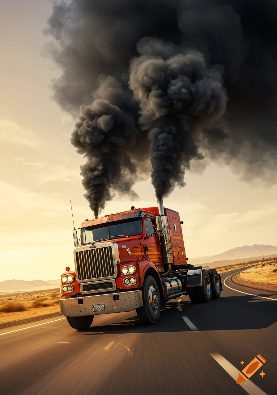 Red semi-truck drives on a desert highway emitting thick black smoke from its stacks under a bright sky