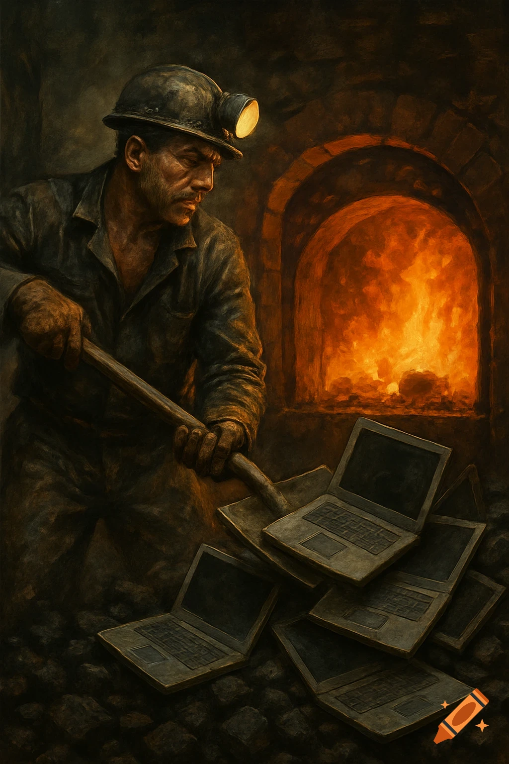 A painted image of a coal miner shoveling laptops into a burning furnace.